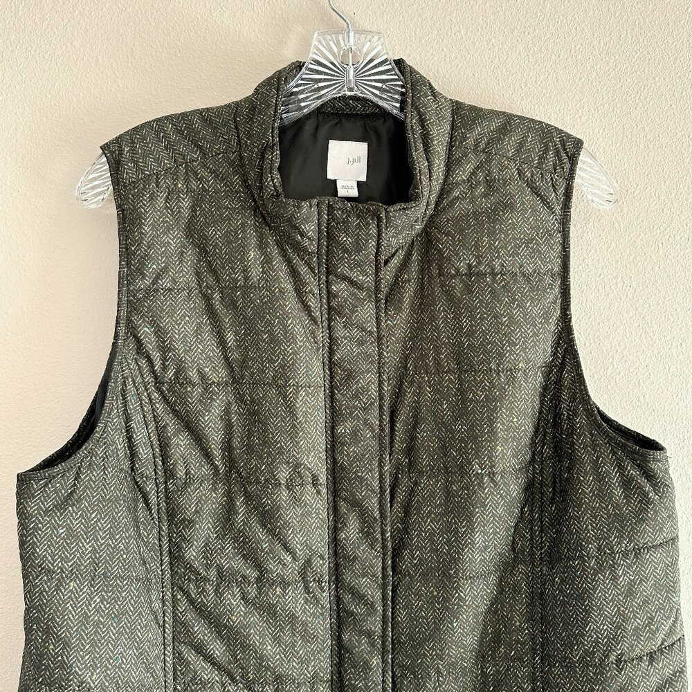 J. Jill  Full Zip Puffer Vest, Balsam Green Speckled Herringbone, Large - Picture 3 of 10